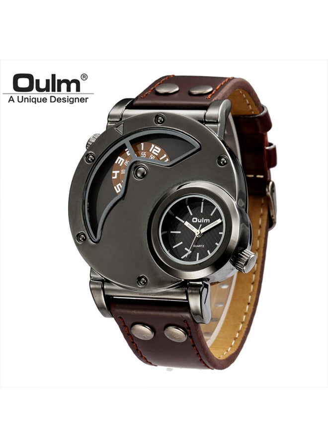 أولم ساعة Oulm الرياضية الفريدة ذات المنطقة الزمنية المزدوجة للرجال من الكوارتز، ساعة يد جلدية PU كاجوال للرجال، اختيار مثالي للهدايا