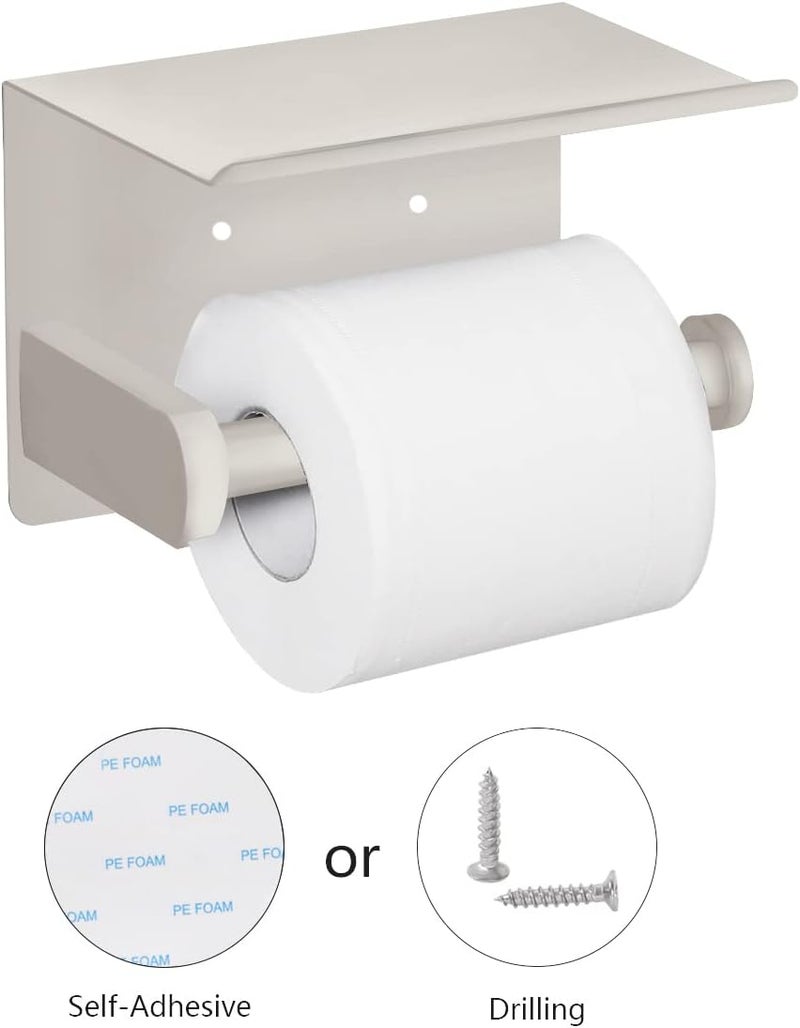 VAEHOLD Self Adhesive Toilet Paper Holder with Phone Shelf SUS 304 Stainless Steel Wall Mounted Toilet Paper Roll Holder - Rustproof and Bathroom Washroom Tissue Roll Holder with Shelf -Beige - Image 2