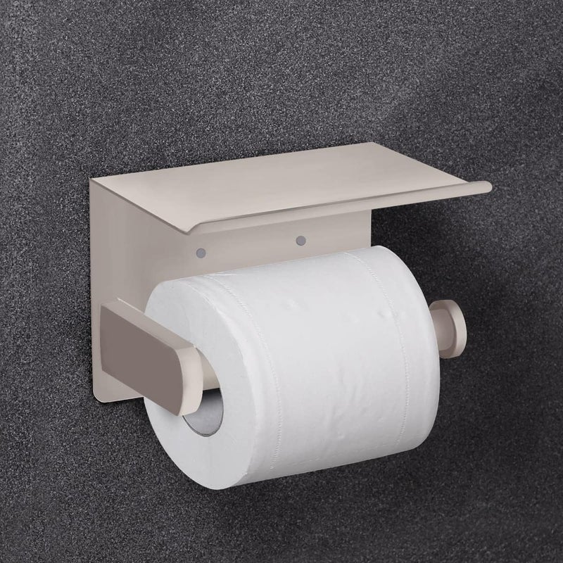 VAEHOLD Self Adhesive Toilet Paper Holder with Phone Shelf SUS 304 Stainless Steel Wall Mounted Toilet Paper Roll Holder - Rustproof and Bathroom Washroom Tissue Roll Holder with Shelf -Beige - Image 4