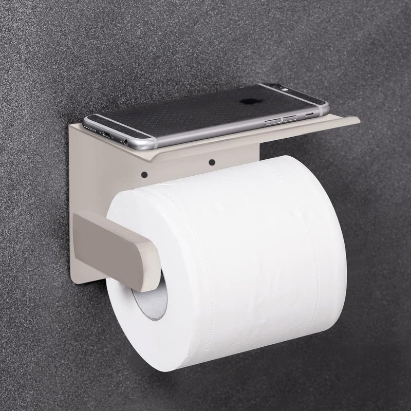 VAEHOLD Self Adhesive Toilet Paper Holder with Phone Shelf SUS 304 Stainless Steel Wall Mounted Toilet Paper Roll Holder - Rustproof and Bathroom Washroom Tissue Roll Holder with Shelf -Beige - Image 3