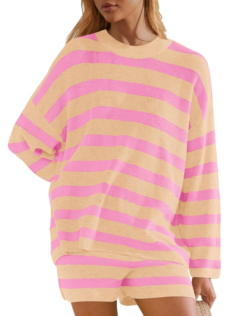 Panadila Striped Lounge Sets for Women Sweater Set Pajama Set Long Sleeve and Shorts 2025 Matching Set 2 Piece Outfits (Pink Apricot Combo,S) - Image 2