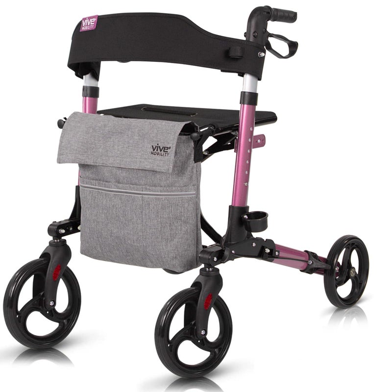 Vive Mobility Rollator Walker Folding 4 Wheel Medical Rolling Walker with Seat Bag Mobility Aid for Adult Senior Elderly Handicap Aluminum Transport Chair Pink