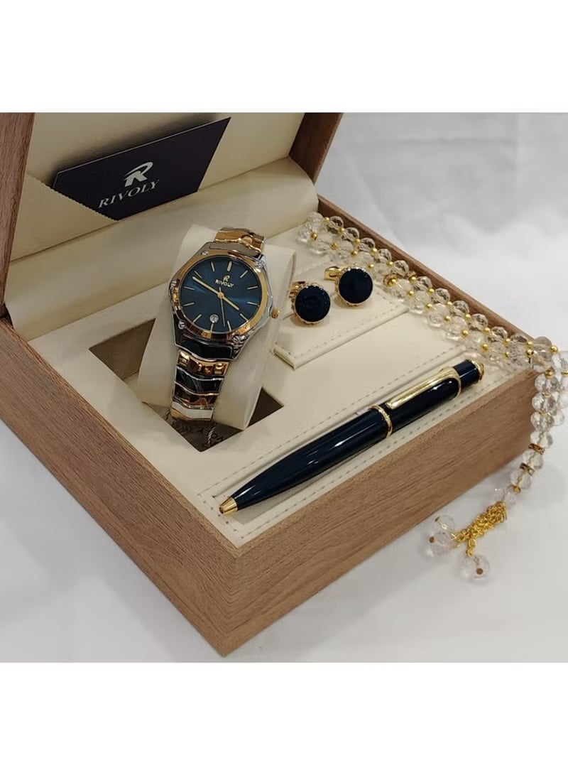 "Men's Luxury Stainless Steel Watch Gift Set with Pen, Cufflinks, and Elegant Tasbih"