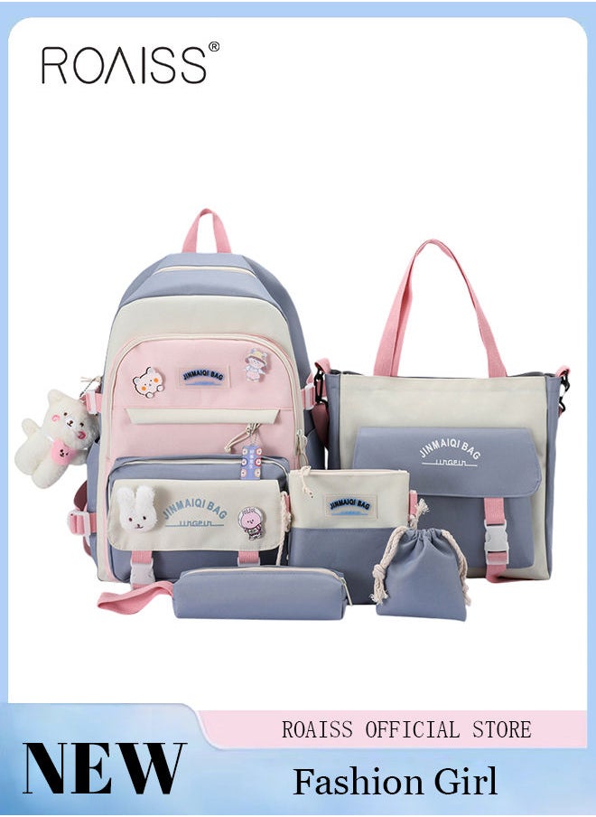 roaiss - 5-Piece Set of Backpack Multifunctional Fashion Women's New Oxford Cloth Pack Junior High School Student Bag Girls School Bags Set Backpacks with Pendant Lunch Bag Pencil Case Handbag Coin Purse for Teen Girls School Backpack - Image 1