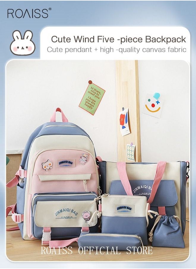 roaiss - 5-Piece Set of Backpack Multifunctional Fashion Women's New Oxford Cloth Pack Junior High School Student Bag Girls School Bags Set Backpacks with Pendant Lunch Bag Pencil Case Handbag Coin Purse for Teen Girls School Backpack - Image 1