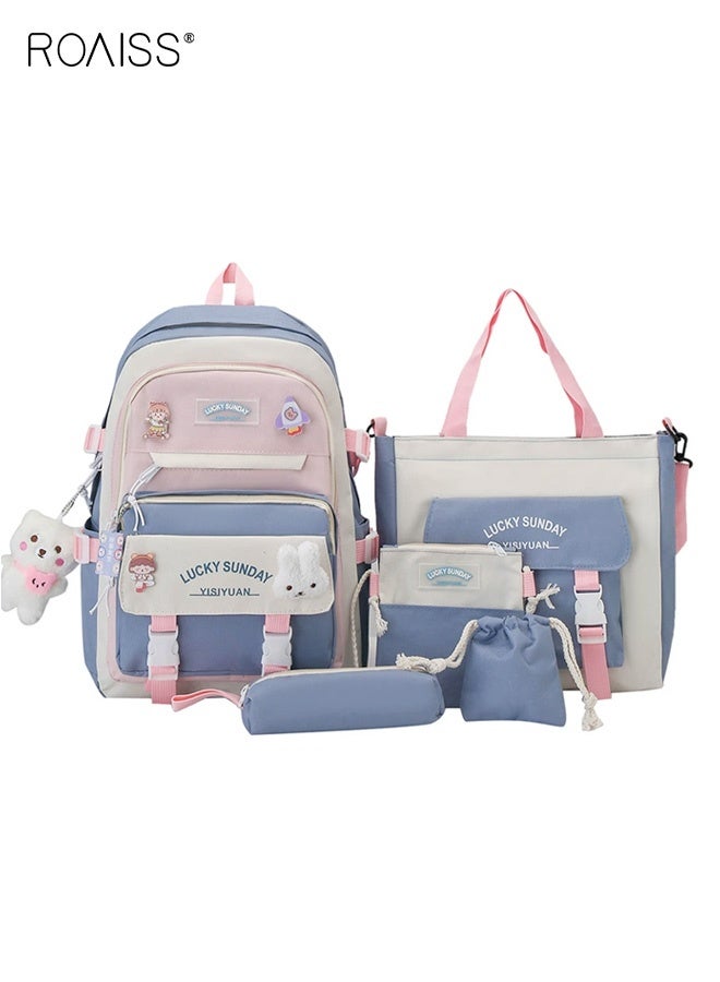 roaiss 5-Piece Set of Backpack Multifunctional Fashion Women's New Oxford Cloth Pack Junior High School Student Bag Girls School Bags Set Backpacks with Pendant Lunch Bag Pencil Case Handbag Coin Purse for Teen Girls School Backpack - Image 1