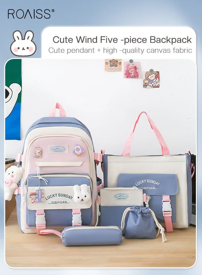roaiss 5-Piece Set of Backpack Multifunctional Fashion Women's New Oxford Cloth Pack Junior High School Student Bag Girls School Bags Set Backpacks with Pendant Lunch Bag Pencil Case Handbag Coin Purse for Teen Girls School Backpack - Image 4