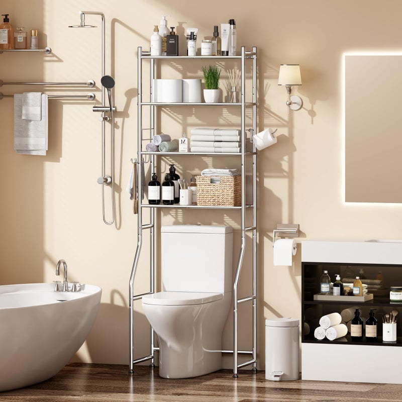 Ekisemio Over The Toilet Storage Cabinet, Metal 4 Tier Bathroom Shelves Over Toilet, Bathroom Oragnizer with 4 Hooks and Paper Holder, Chrome - Image 4