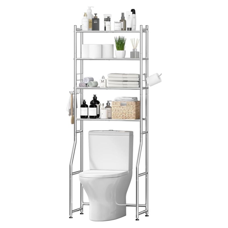 Ekisemio Over The Toilet Storage Cabinet, Metal 4 Tier Bathroom Shelves Over Toilet, Bathroom Oragnizer with 4 Hooks and Paper Holder, Chrome - Image 1