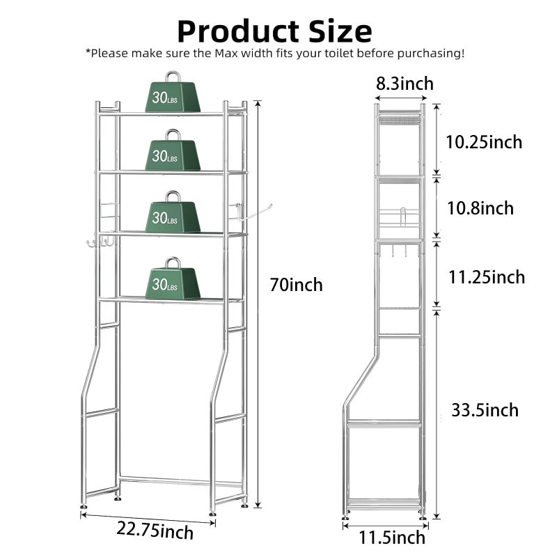 Ekisemio Over The Toilet Storage Cabinet, Metal 4 Tier Bathroom Shelves Over Toilet, Bathroom Oragnizer with 4 Hooks and Paper Holder, Chrome - Image 2