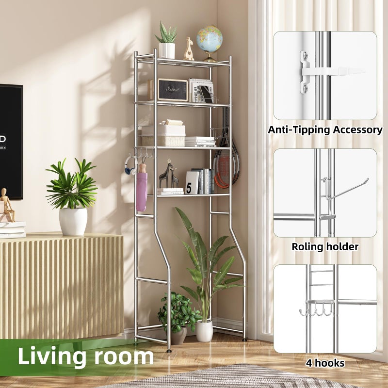 Ekisemio Over The Toilet Storage Cabinet, Metal 4 Tier Bathroom Shelves Over Toilet, Bathroom Oragnizer with 4 Hooks and Paper Holder, Chrome - Image 5