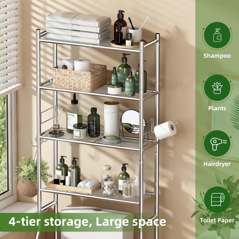 Ekisemio Over The Toilet Storage Cabinet, Metal 4 Tier Bathroom Shelves Over Toilet, Bathroom Oragnizer with 4 Hooks and Paper Holder, Chrome - Image 3