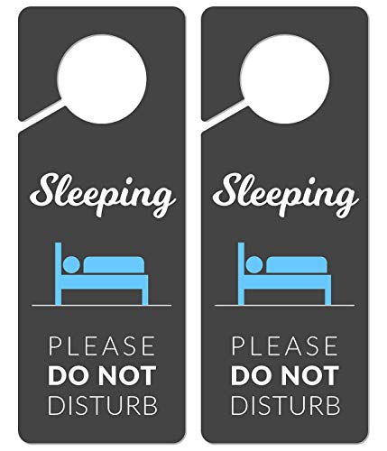Fun-Plus Sleeping Sign for Door, 2 Pack (Printed on Both Sides), 9.3″x3.5″ PVC Plastic, Naps, Napping, Do not Ring Bell, Baby Sleeping, Do Not Disturb - Image 1