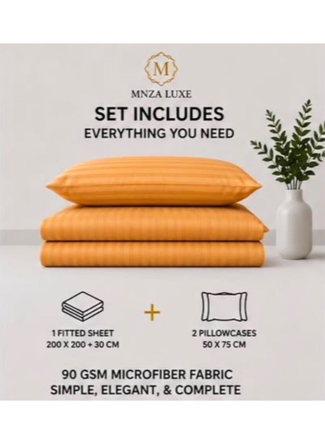 MNZA LUXE طقم ملاءة سرير مايكروفايبر مخططة بخطوط 1 سم، ملاءة سرير مطاطية واحدة + غطاءا وسادتين | فائقة النعومة، قابلة للتنفس ومقاومة للتجاعيد | ذهبي - Image 2