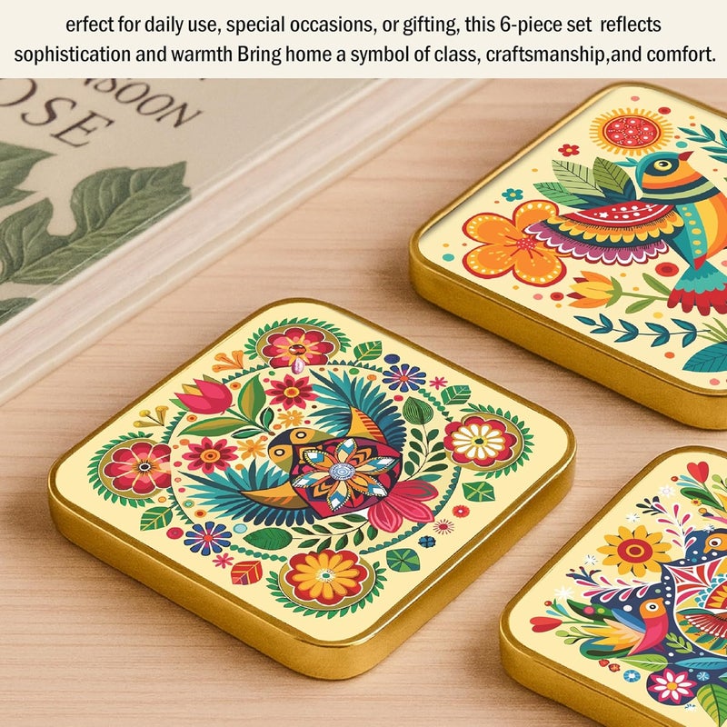 Rousrie Stylist Modern Wooden Coasters with Golden Border | Set of 6 | Stand Included Premium Handmade Coaster for Tea Cups, Coffee Mugs, Beer Mugs, 10 by 10 cm (Bohemian Pattern) - Image 5