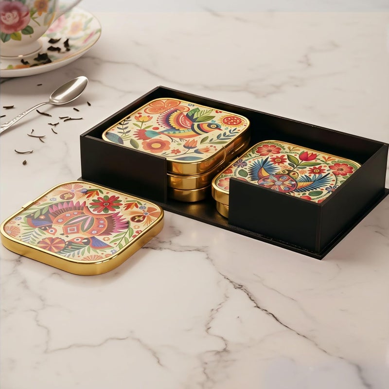 Rousrie Stylist Modern Wooden Coasters with Golden Border | Set of 6 | Stand Included Premium Handmade Coaster for Tea Cups, Coffee Mugs, Beer Mugs, 10 by 10 cm (Bohemian Pattern) - Image 1