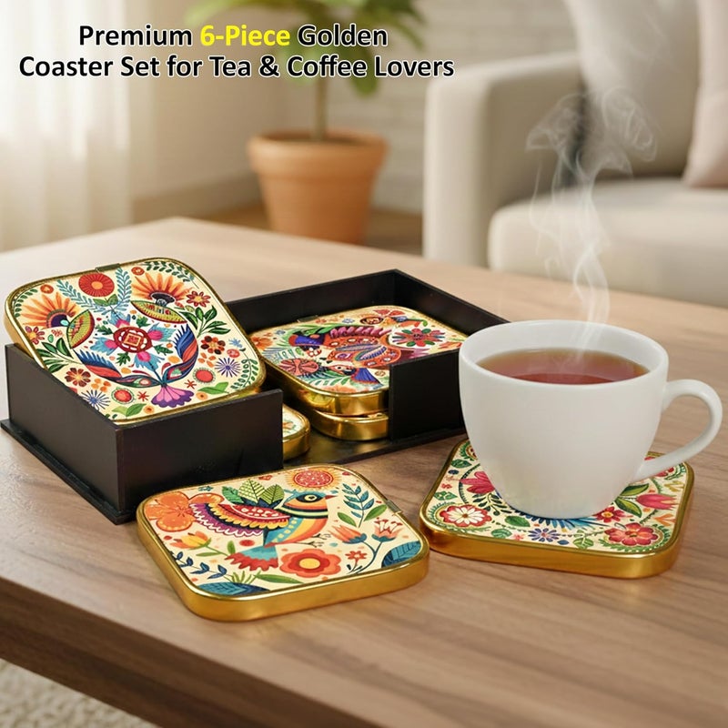 Rousrie Stylist Modern Wooden Coasters with Golden Border | Set of 6 | Stand Included Premium Handmade Coaster for Tea Cups, Coffee Mugs, Beer Mugs, 10 by 10 cm (Bohemian Pattern) - Image 2