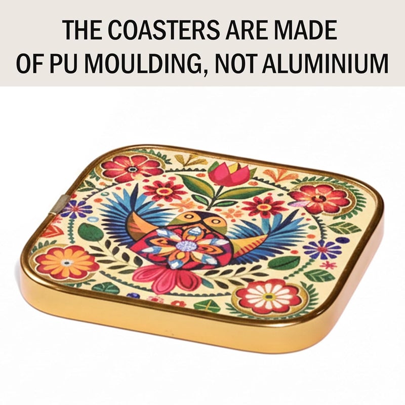Rousrie Stylist Modern Wooden Coasters with Golden Border | Set of 6 | Stand Included Premium Handmade Coaster for Tea Cups, Coffee Mugs, Beer Mugs, 10 by 10 cm (Bohemian Pattern) - Image 4