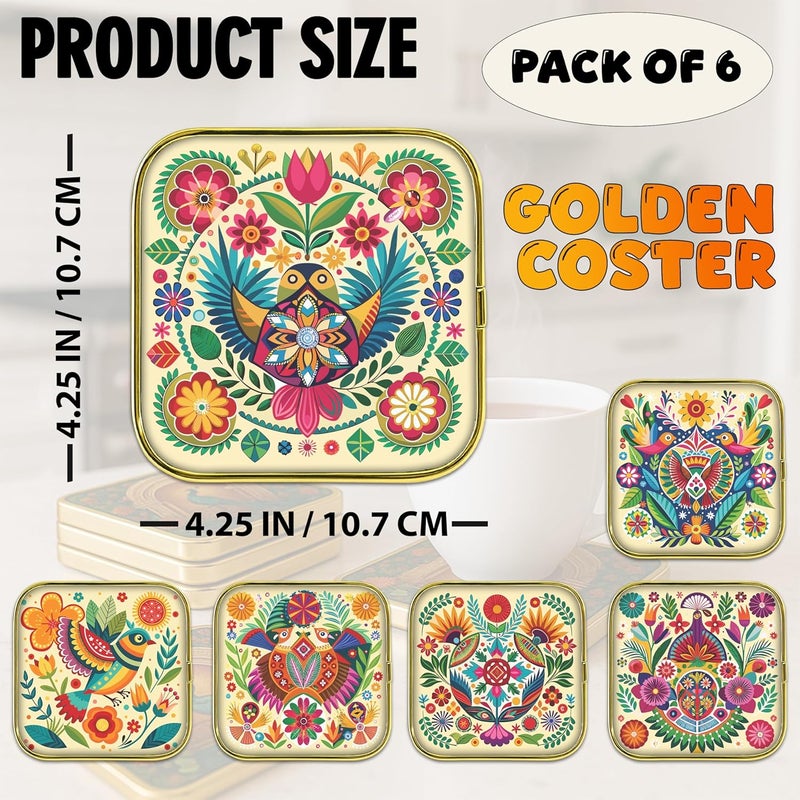 Rousrie Stylist Modern Wooden Coasters with Golden Border | Set of 6 | Stand Included Premium Handmade Coaster for Tea Cups, Coffee Mugs, Beer Mugs, 10 by 10 cm (Bohemian Pattern) - Image 3