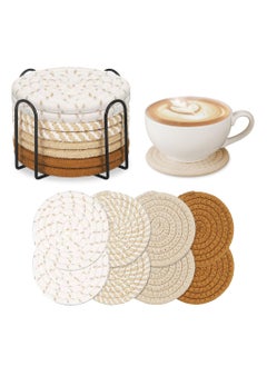 Zibuyu ZIBUYU® 8Pcs Coaster Set with a Metal Coaster Organizer Holder, 4.3 Inches Creative Cotton Rope Woven Coasters, Minimalist Tea Coaster Handicraft Coasters for Dining Table for Hot Pots - 4 Color  - Image 1