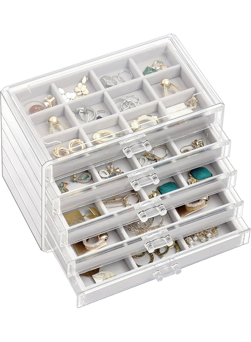 Bukela Earring Holder Organizer Jewelry Box with 5 Drawers, Acrylic Clear Earring Case with Adjustable Velvet Trays for Women - Grey, 5 Layers - Image 1