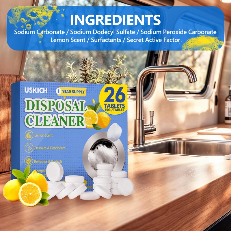USKICH Garbage Disposal Cleaner Deodorizer Tablets 26Pack,XL Powerful Foaming Kitchen Sink Cleaners- Fresh Lemon Scented Disposal Cleaner, Natural Drain Garbage Disposer Cleaning- 1 Year Supply - Image 5