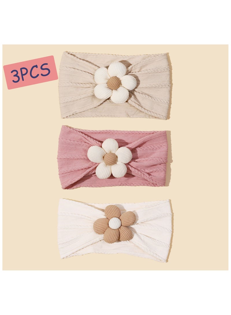 ILovhaprty 3 Pcs Baby Flower Headbands Baby Headbands Soft Hairbands Hair Accessories for Newborn Infant Toddler Kids Pink Beige Khaki - Image 2