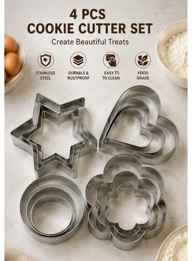 4-Piece Stainless Steel Cookie Cutter Set – Assorted Shape Biscuit, Pastry & Fondant Cutters for Cookies, Dough, Cake Decorating, Sandwiches, Fruits & Vegetables - Image 1