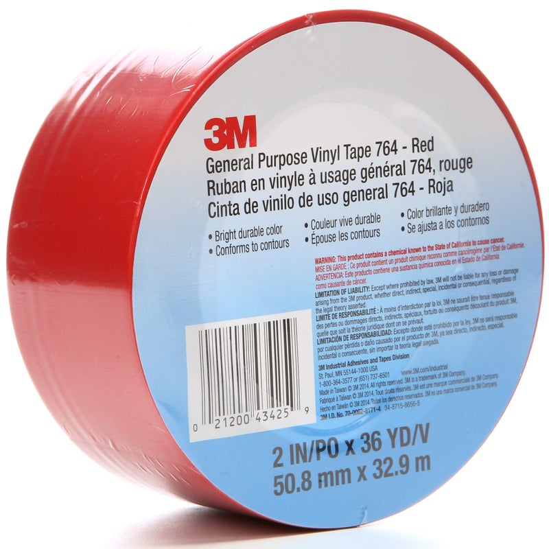 3M Vinyl Tape 764, General Purpose, 2 in x 36 yd, Red, 1 Roll, Light Traffic Floor Marking Tape, Social Distancing, Color Coding, Safety, Bundling - Image 1