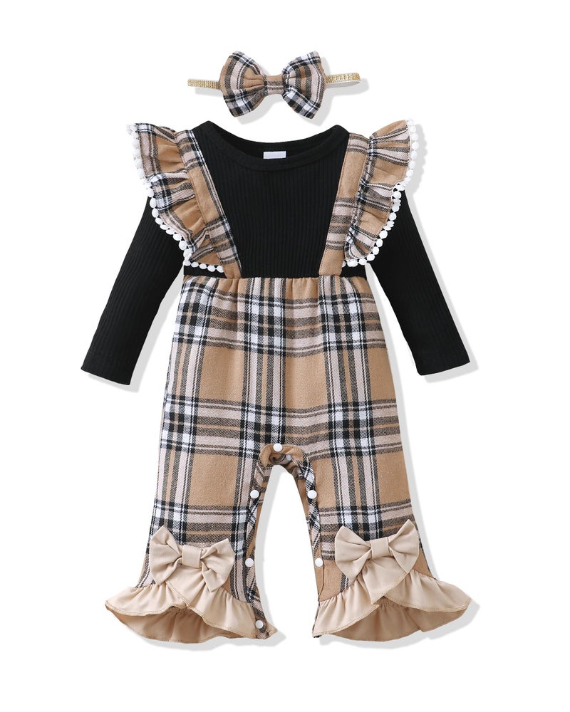 Renotemy 3-6 Month Girl Clothes Fall Winter Outfits Ribbed Romper Khaki Plaid Jumpsuit Overalls Flared Thanksgiving Baby Girl Shower Gifts Newborn Coming Home Outfit Infant Girls Clothes 3-6 Months - Image 1
