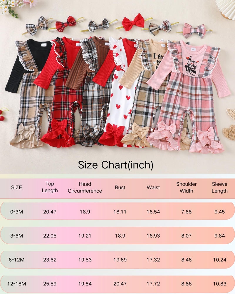 Renotemy 3-6 Month Girl Clothes Fall Winter Outfits Ribbed Romper Khaki Plaid Jumpsuit Overalls Flared Thanksgiving Baby Girl Shower Gifts Newborn Coming Home Outfit Infant Girls Clothes 3-6 Months - Image 3