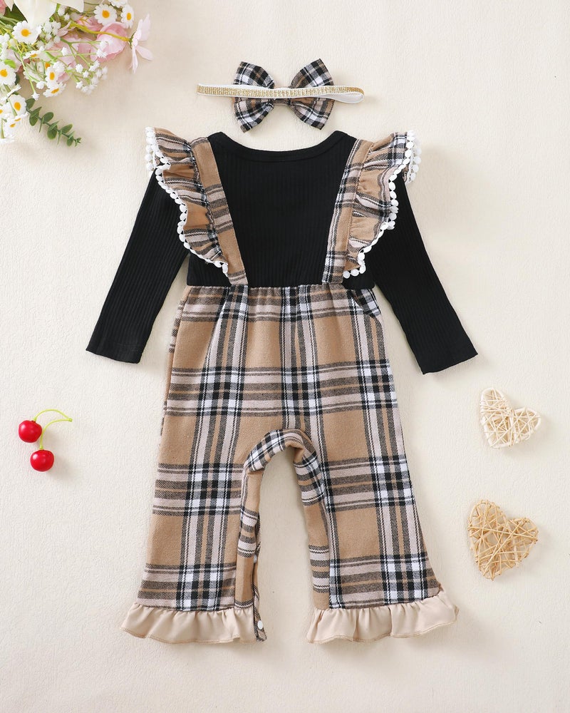 Renotemy 3-6 Month Girl Clothes Fall Winter Outfits Ribbed Romper Khaki Plaid Jumpsuit Overalls Flared Thanksgiving Baby Girl Shower Gifts Newborn Coming Home Outfit Infant Girls Clothes 3-6 Months - Image 2