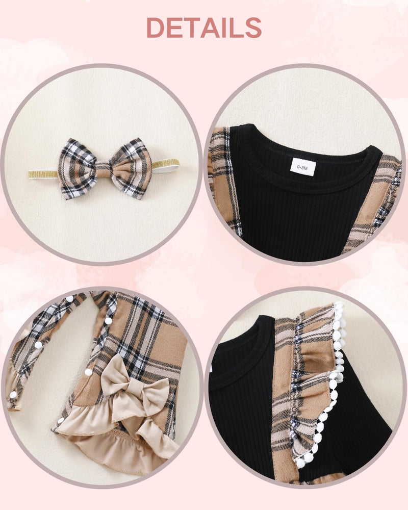 Renotemy 3-6 Month Girl Clothes Fall Winter Outfits Ribbed Romper Khaki Plaid Jumpsuit Overalls Flared Thanksgiving Baby Girl Shower Gifts Newborn Coming Home Outfit Infant Girls Clothes 3-6 Months - Image 4
