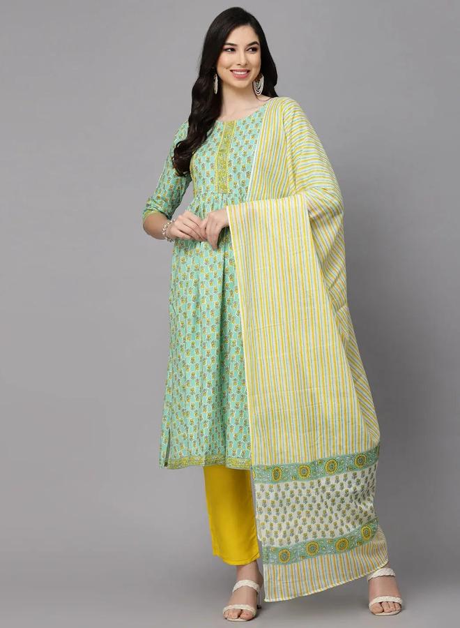 Desiqlo Green Floral Printed Rayon Kurta with Pants and Dupatta Set - Image 1