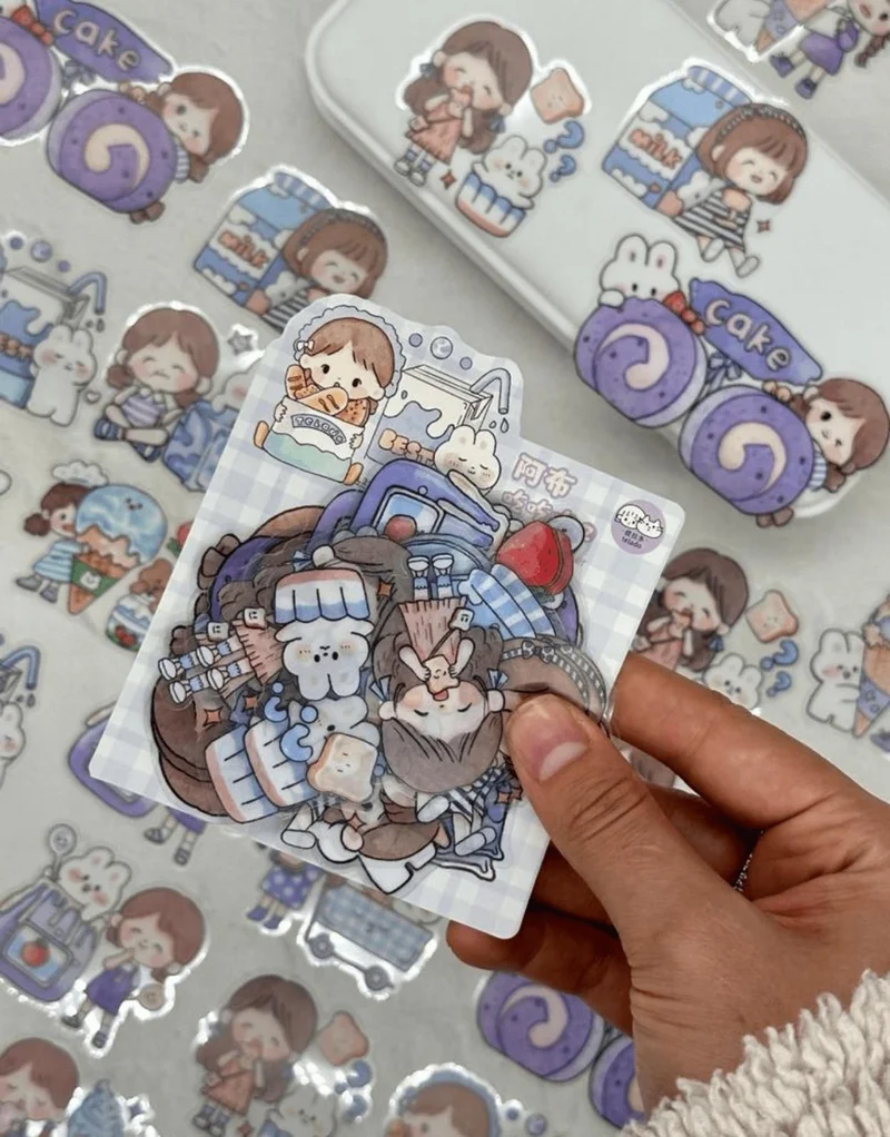Kağıt Gemi Dükkan Paper Ship Shop Cute Girl and Cute Friends Large Size 27 Piece Transparent Blue Package Pet Sticker / Decal