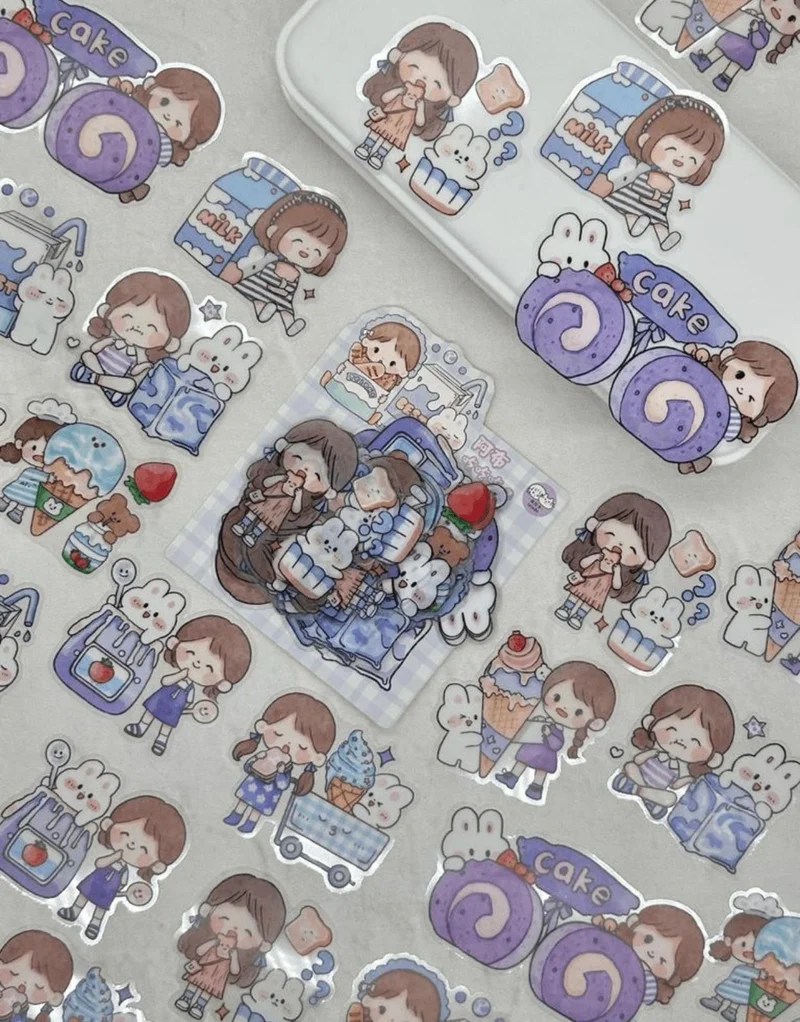 Kağıt Gemi Dükkan Paper Ship Shop Cute Girl and Cute Friends Large Size 27 Piece Transparent Blue Package Pet Sticker / Decal