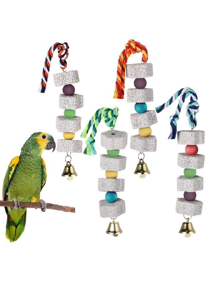 Sanwuta 4 Pack Bird Toy Bird Beak Grinding Stone Parrot Chewing Toys with Bell Bird Cage Accessories Parrot Beak Stone Lava Block Calcium Stone for Parakeet Cockatiel Conure Hamster Chinchilla Rabbit - Image 1