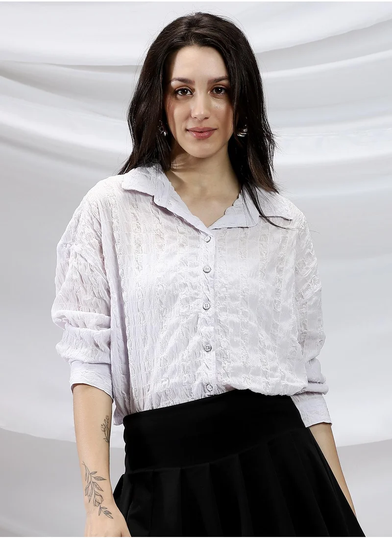 Campus Sutra Campus Sutra Women's Lilac Bubble-Tactile Relaxed Shirt For Casual Wear | Spread Collar | Long Cuffed Sleeves | Button Closure | Shirt Crafted With Comfort Fit For Everyday Wear
