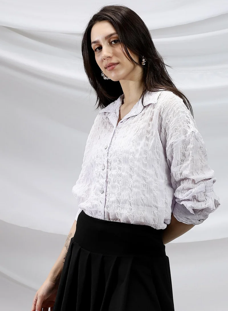 Campus Sutra Campus Sutra Women's Lilac Bubble-Tactile Relaxed Shirt For Casual Wear | Spread Collar | Long Cuffed Sleeves | Button Closure | Shirt Crafted With Comfort Fit For Everyday Wear