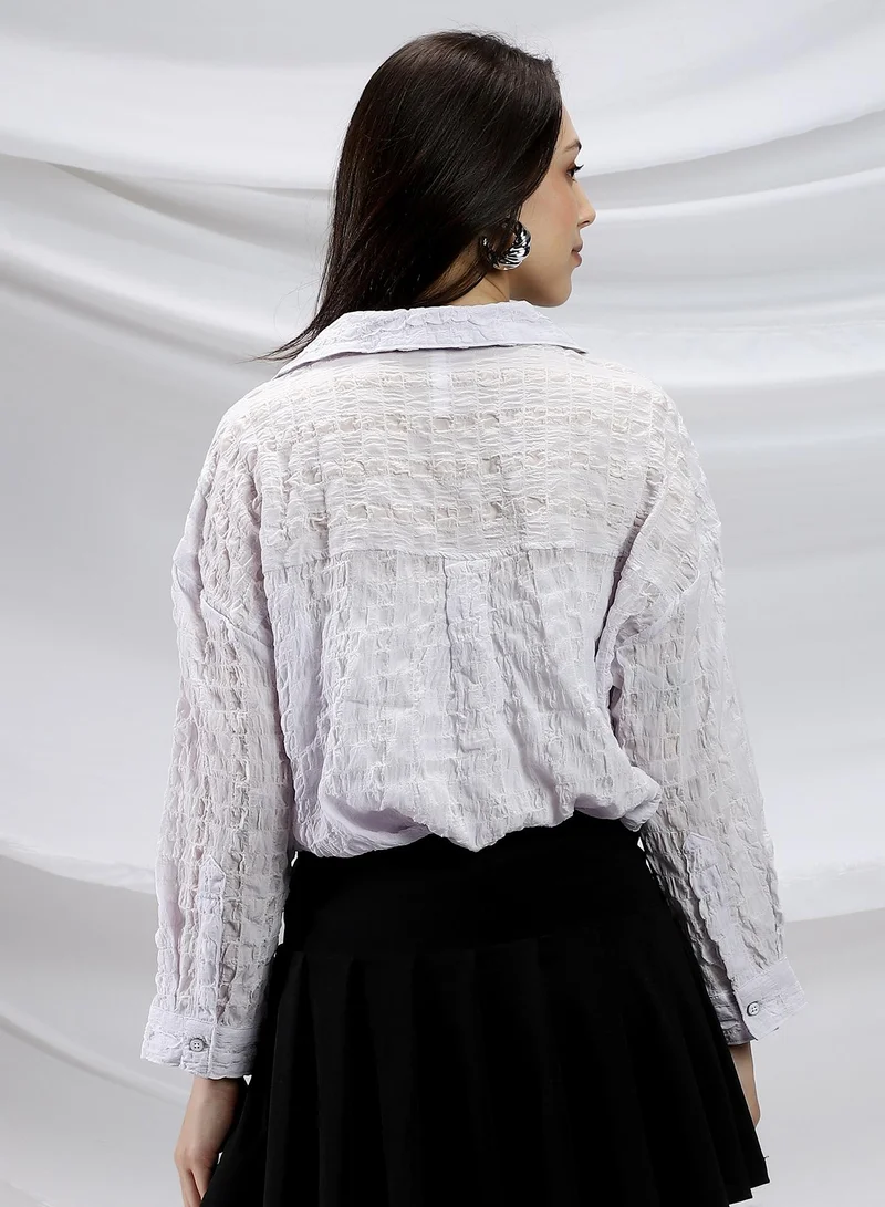 Campus Sutra Campus Sutra Women's Lilac Bubble-Tactile Relaxed Shirt For Casual Wear | Spread Collar | Long Cuffed Sleeves | Button Closure | Shirt Crafted With Comfort Fit For Everyday Wear