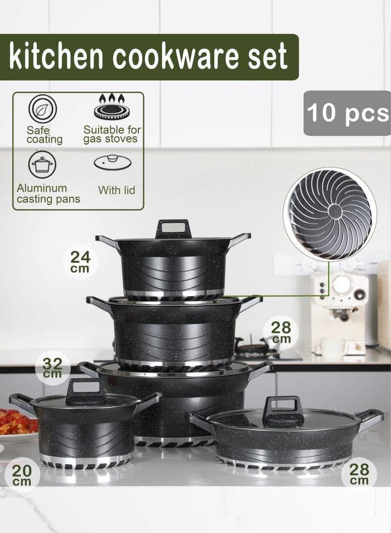 X spring 10-Piece Kitchen Cookware set, Casserole Set And Frying Pan With Non Stick Cookware sets ,Finish Glass lid PFOA-Free  20-24-28-32 cm (Deep Stockpot) + 28 cm (Shallow Stockpot)（Black） - Image 1