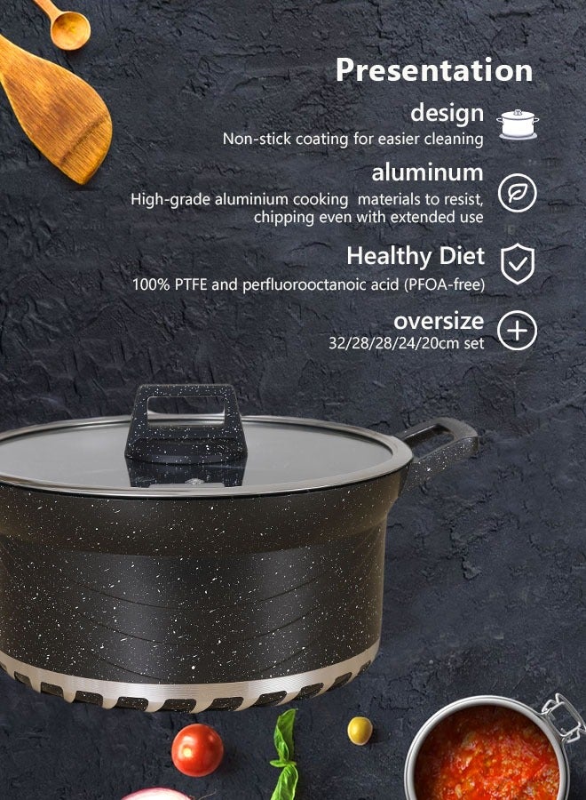 X spring 10-Piece Kitchen Cookware set, Casserole Set And Frying Pan With Non Stick Cookware sets ,Finish Glass lid PFOA-Free  20-24-28-32 cm (Deep Stockpot) + 28 cm (Shallow Stockpot)（Black） - Image 2