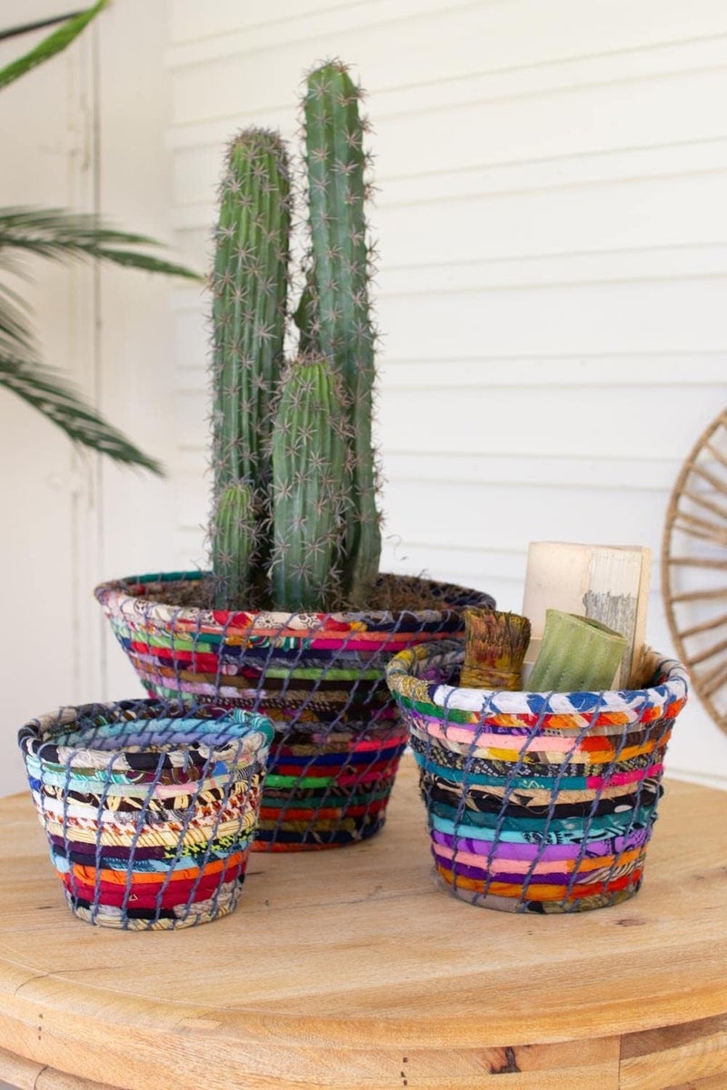 KALALOU Set of Three Multi Color Coiled Kantha Bowls NVEE1024 - Image 1