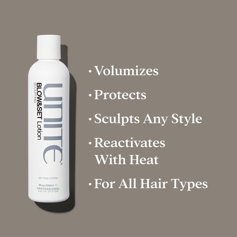 UNITE Hair - BLOW&SET Lotion - Styling Lotion for Hold, Volume, and Curl - Activates & Reactivates with Heat - Paraben-Free & UV Protection - Ideal for All Hair Types, 8 Fl Oz - Image 2