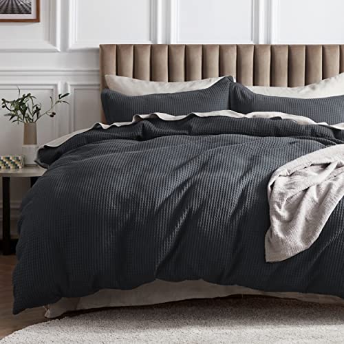 Bedsure Cotton Duvet Cover Queen  100 Cotton Waffle Weave Charcoal Duvet Cover Queen Size GentleSoft and Breathable Bedding Set for All Season 3 Pieces 90x90