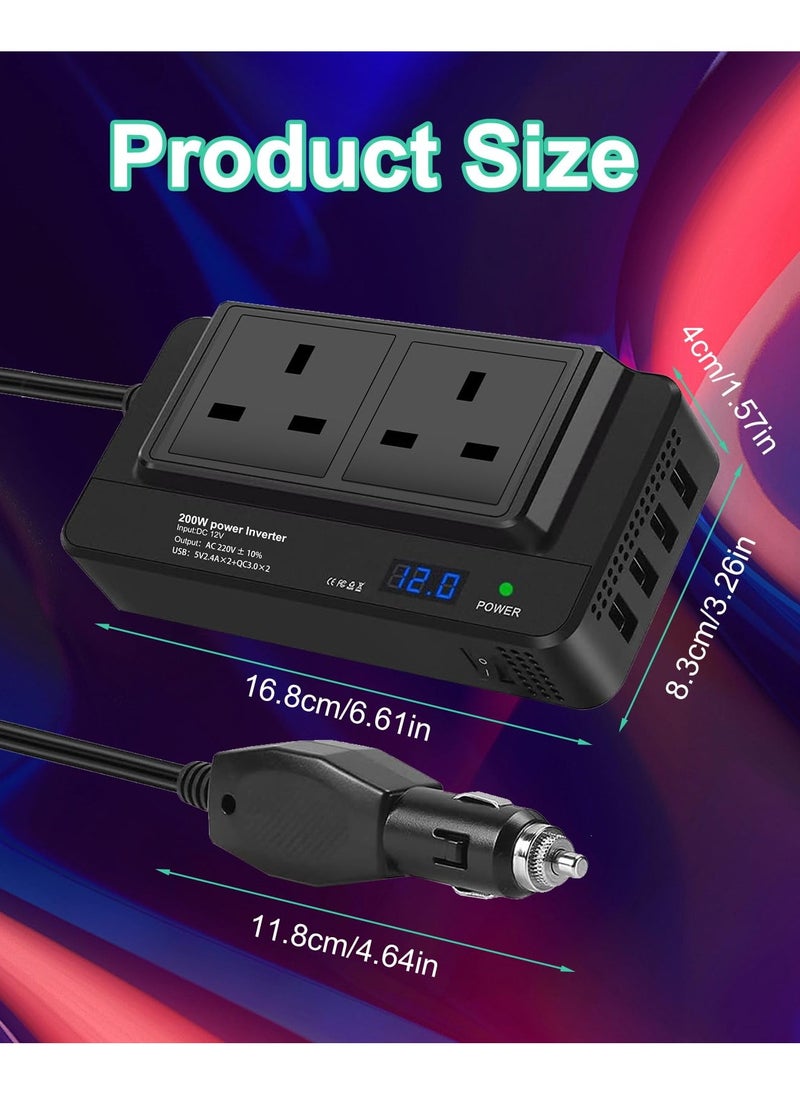Excefore محول جهد السيارة 200 واط، من DC 12V إلى AC 230V مع 2 مقبس و4 منافذ USB، شاحن سيارة سريع مع قابس ولاعة السجائر لرحلات العمل والعطلات  - Image 2