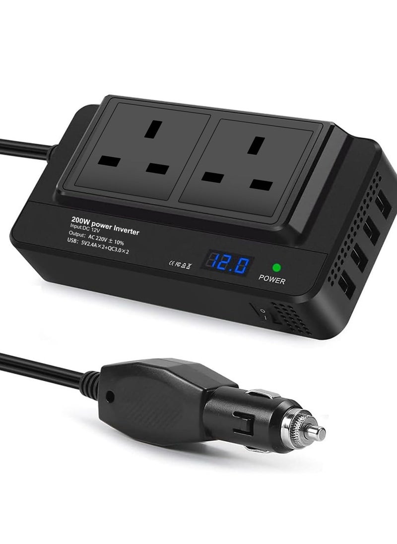 Excefore محول جهد السيارة 200 واط، من DC 12V إلى AC 230V مع 2 مقبس و4 منافذ USB، شاحن سيارة سريع مع قابس ولاعة السجائر لرحلات العمل والعطلات  - Image 1