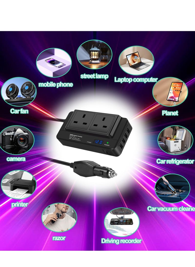 Excefore محول جهد السيارة 200 واط، من DC 12V إلى AC 230V مع 2 مقبس و4 منافذ USB، شاحن سيارة سريع مع قابس ولاعة السجائر لرحلات العمل والعطلات  - Image 4