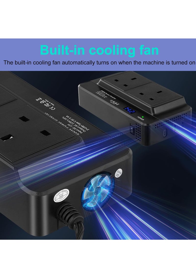 Excefore محول جهد السيارة 200 واط، من DC 12V إلى AC 230V مع 2 مقبس و4 منافذ USB، شاحن سيارة سريع مع قابس ولاعة السجائر لرحلات العمل والعطلات  - Image 5