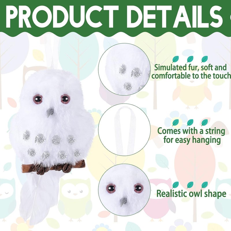 Queekay 8 Pieces Owl Christmas Tree Ornaments Snowy Barn Owl White Birds Decorations Faux Furry Cute Animal with Branches for Window Xmas Office Home - Image 3